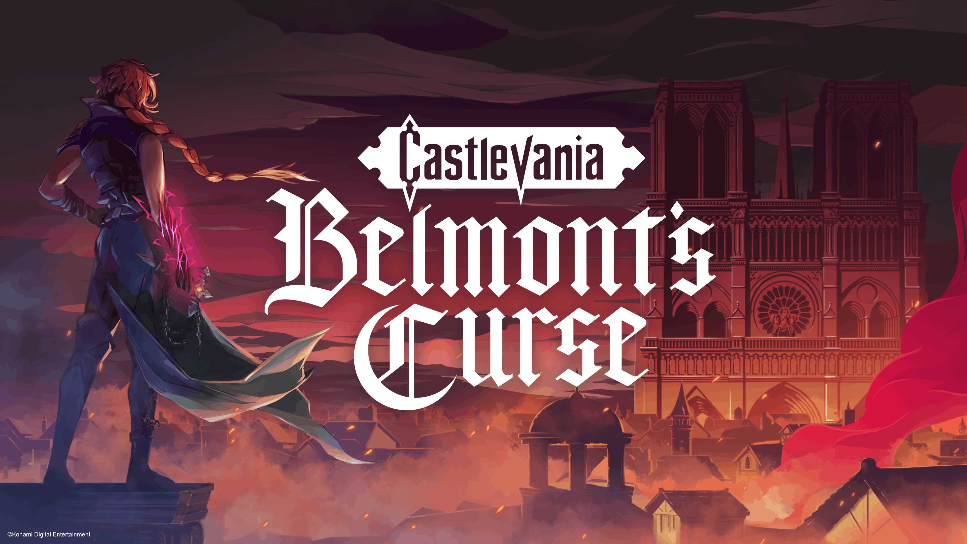 Rose Belmont overlooking burning Paris beside the Castlevania: Belmont’s Curse title